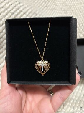 Gold Heart Wing Pendant Necklace with Cross Accent. Sterling with 14K gold plate